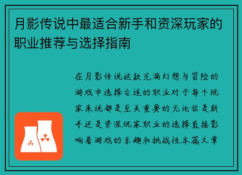 月影传说中最适合新手和资深玩家的职业推荐与选择指南